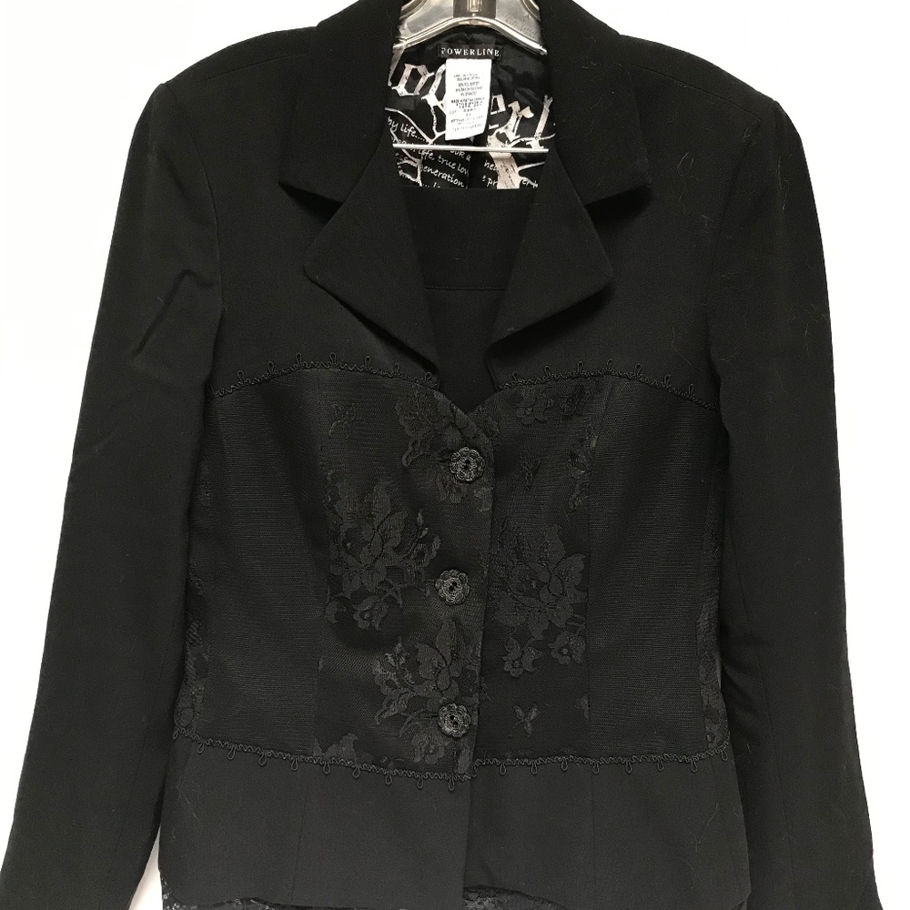 Retro Powerline brand black dressy suit with lace trim